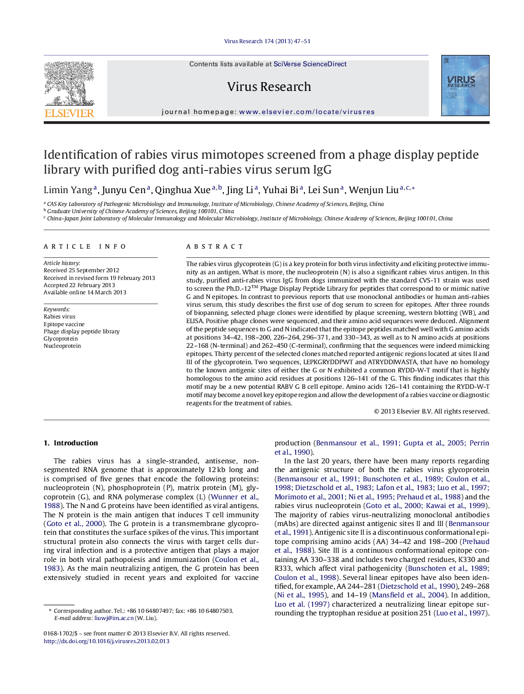 Identification of rabies virus mimotopes screened from a phage display peptide library with purified dog anti-rabies virus serum IgG