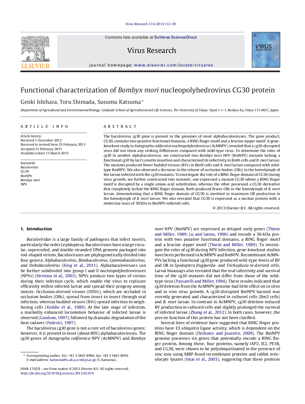 Functional characterization of Bombyx mori nucleopolyhedrovirus CG30 protein