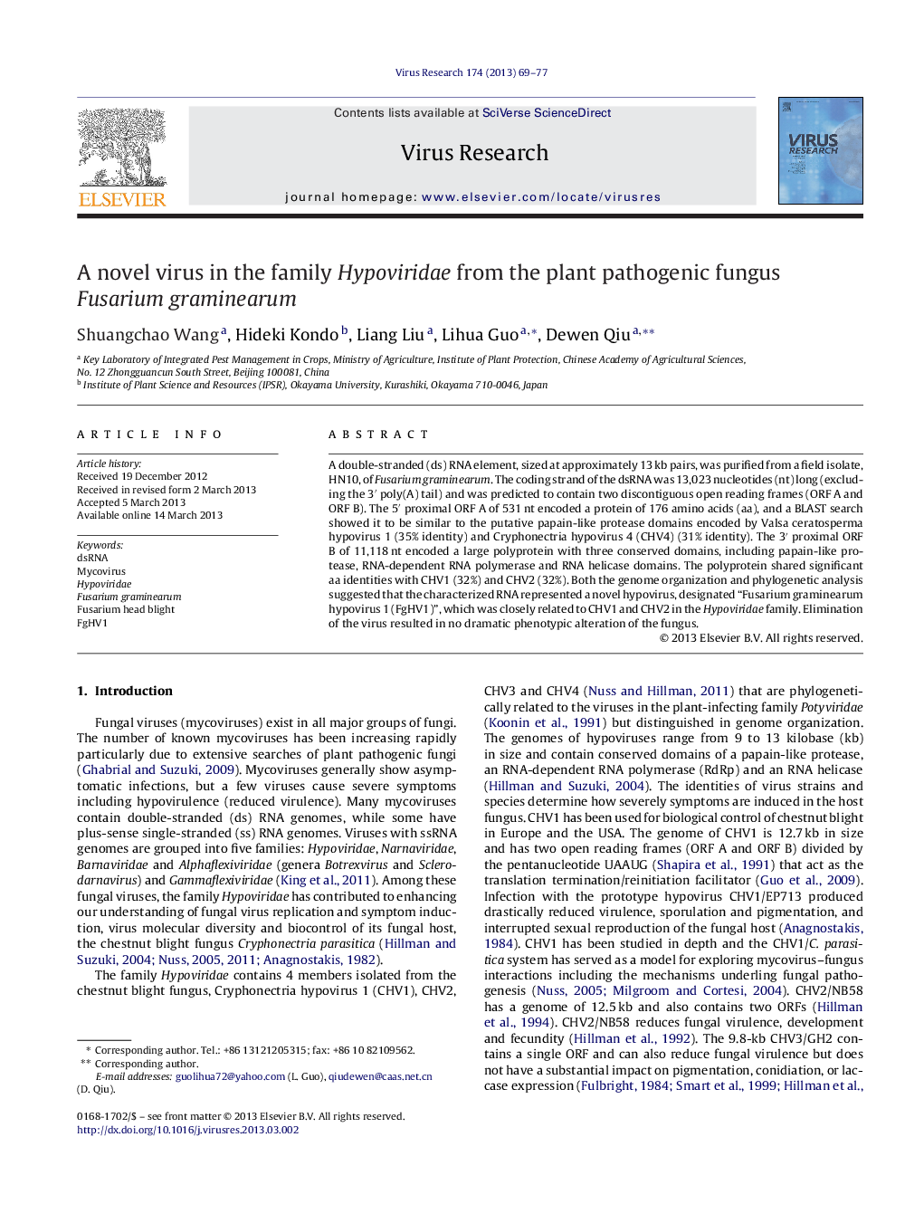 A novel virus in the family Hypoviridae from the plant pathogenic fungus Fusarium graminearum