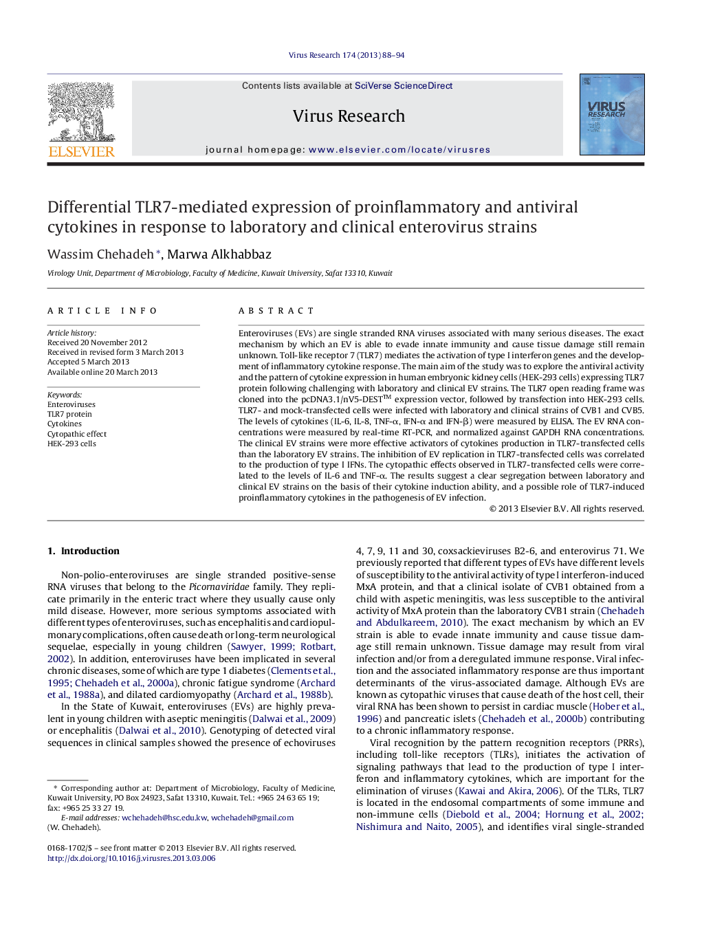 Differential TLR7-mediated expression of proinflammatory and antiviral cytokines in response to laboratory and clinical enterovirus strains