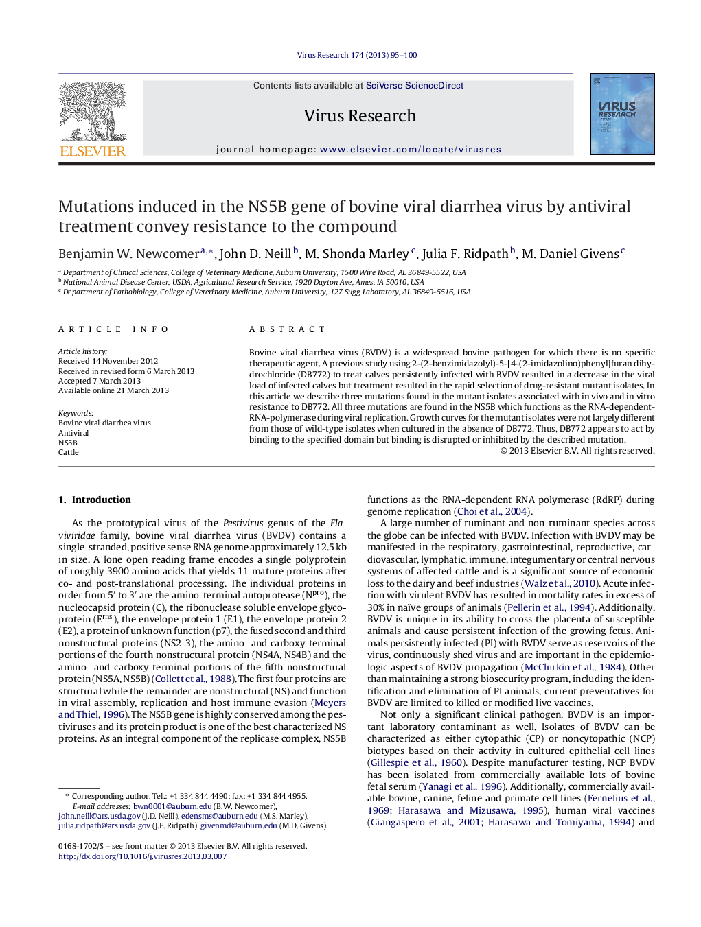 Mutations induced in the NS5B gene of bovine viral diarrhea virus by antiviral treatment convey resistance to the compound