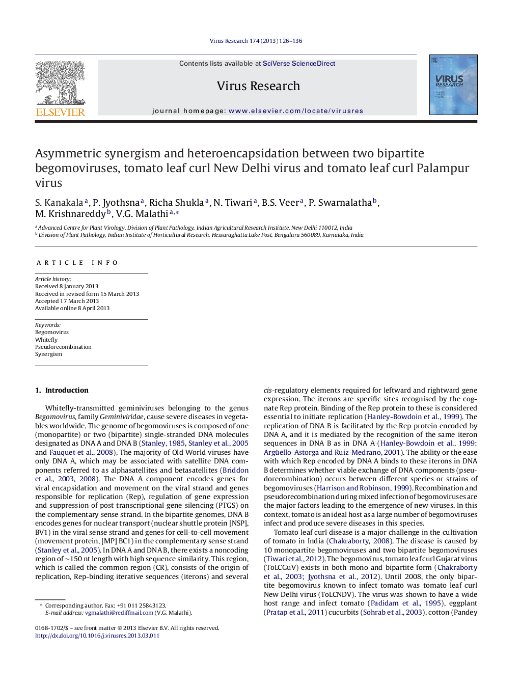 Asymmetric synergism and heteroencapsidation between two bipartite begomoviruses, tomato leaf curl New Delhi virus and tomato leaf curl Palampur virus