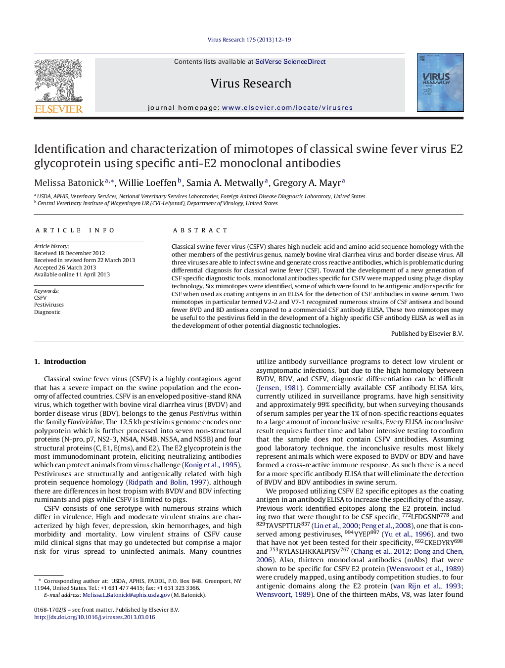 Identification and characterization of mimotopes of classical swine fever virus E2 glycoprotein using specific anti-E2 monoclonal antibodies