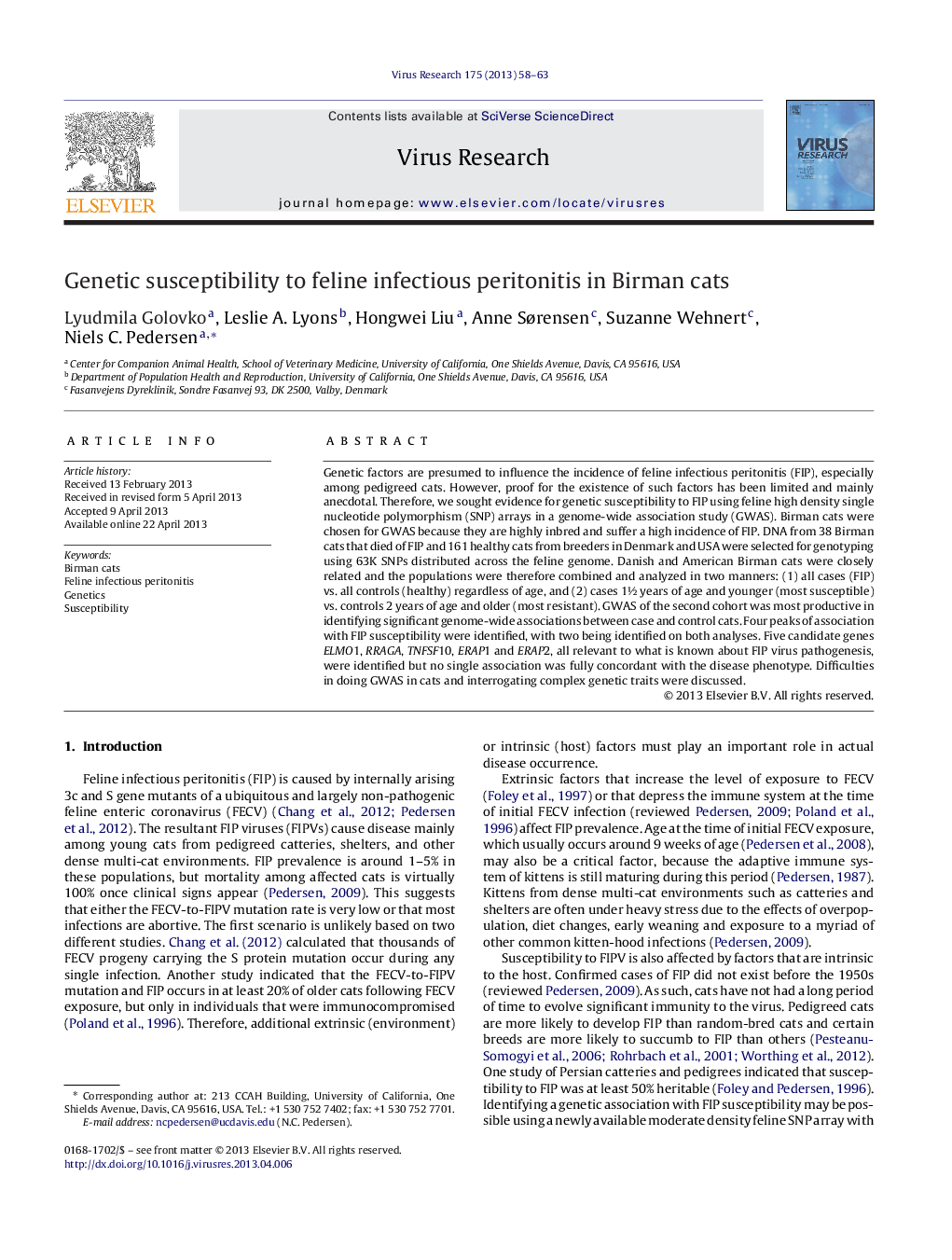 Genetic susceptibility to feline infectious peritonitis in Birman cats