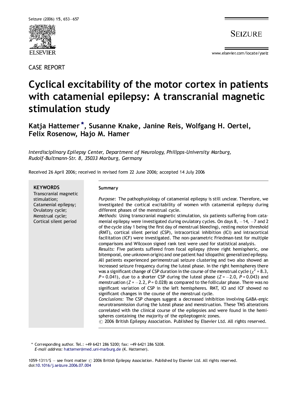 Cyclical excitability of the motor cortex in patients with catamenial epilepsy: A transcranial magnetic stimulation study