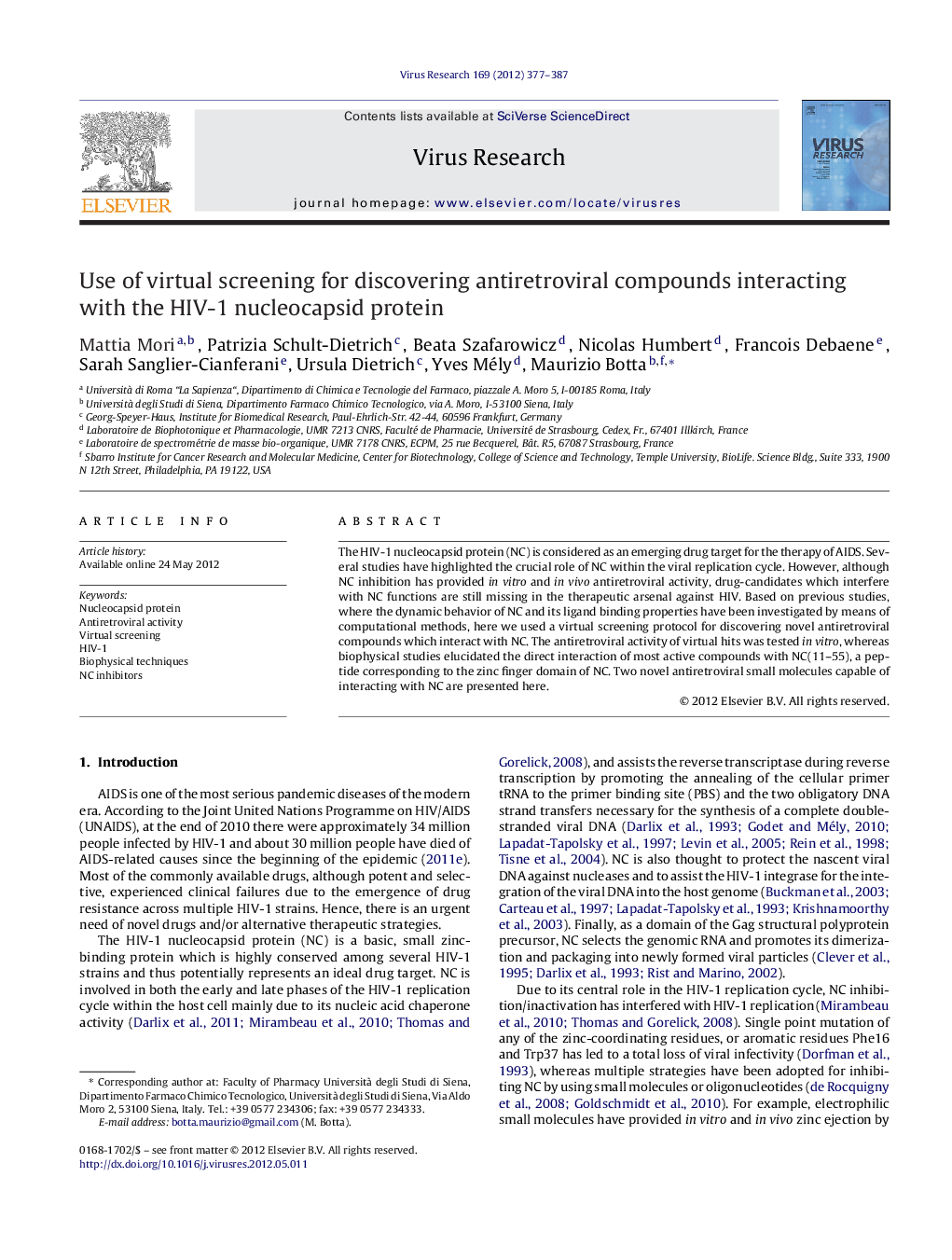 Use of virtual screening for discovering antiretroviral compounds interacting with the HIV-1 nucleocapsid protein