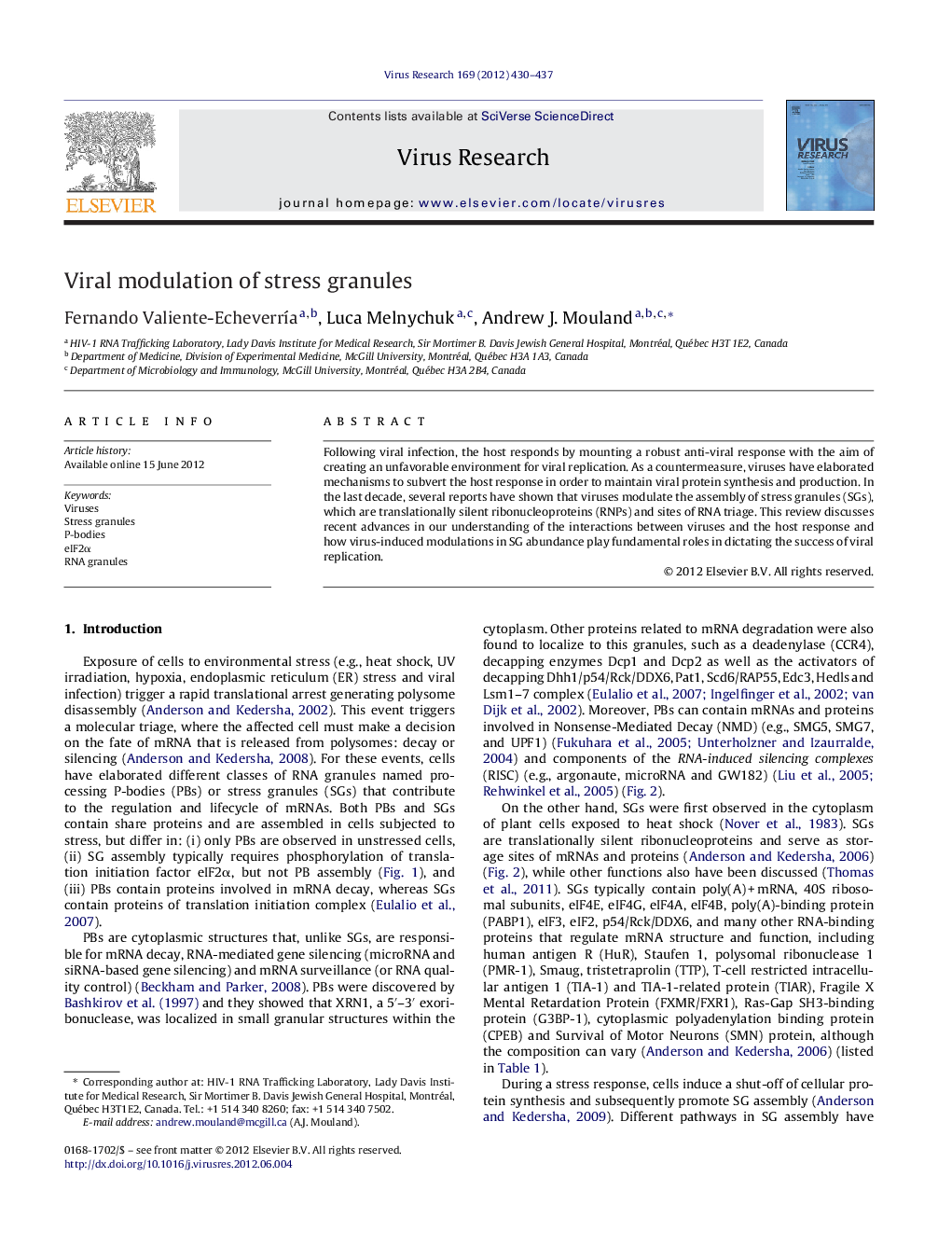 Viral modulation of stress granules