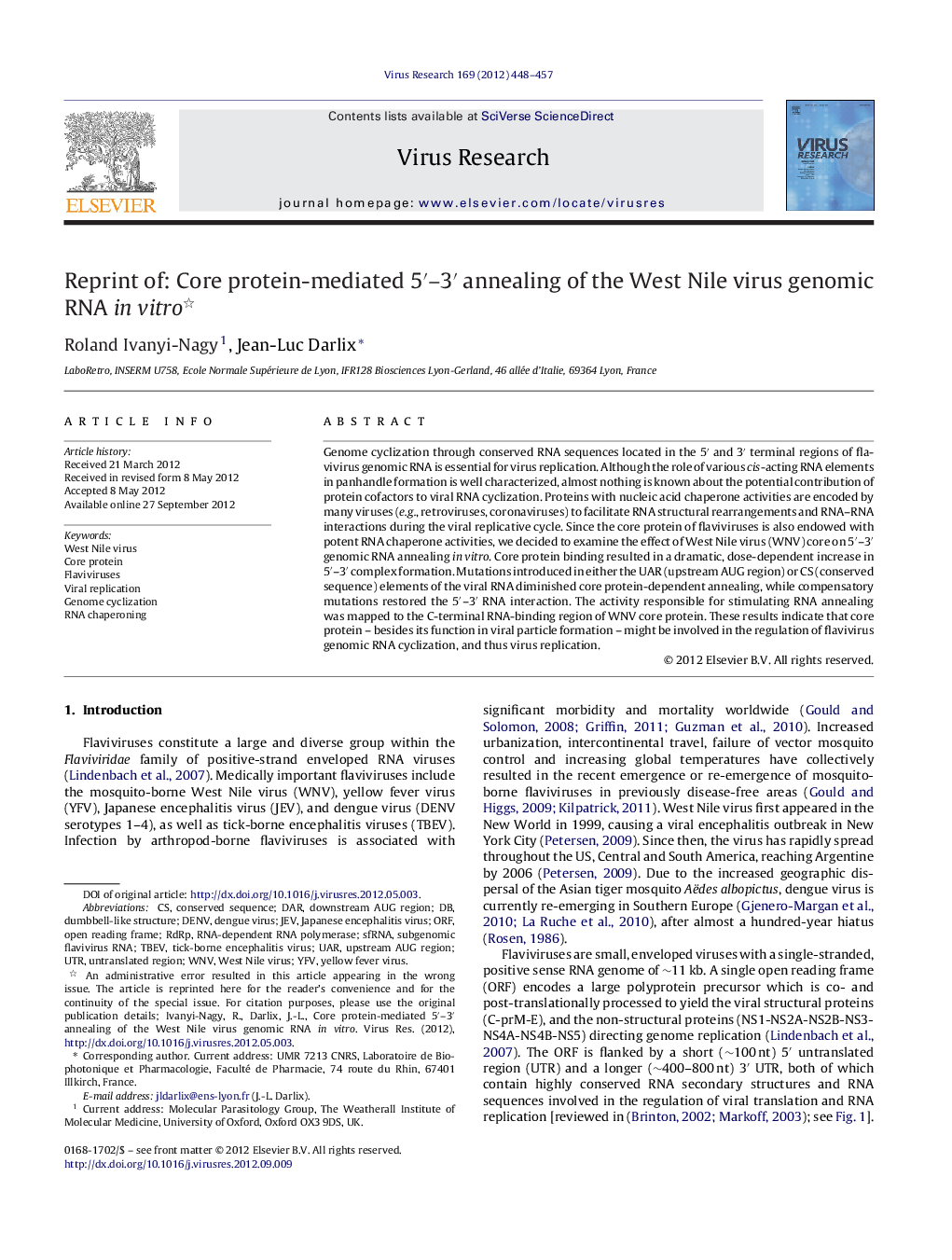 Reprint of: Core protein-mediated 5′–3′ annealing of the West Nile virus genomic RNA in vitro 