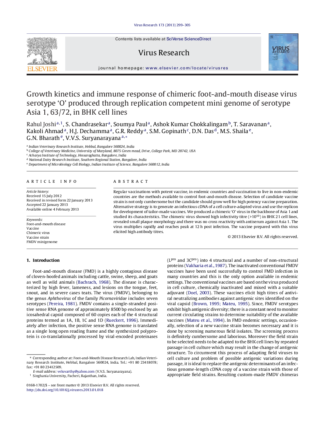 Growth kinetics and immune response of chimeric foot-and-mouth disease virus serotype ‘O’ produced through replication competent mini genome of serotype Asia 1, 63/72, in BHK cell lines