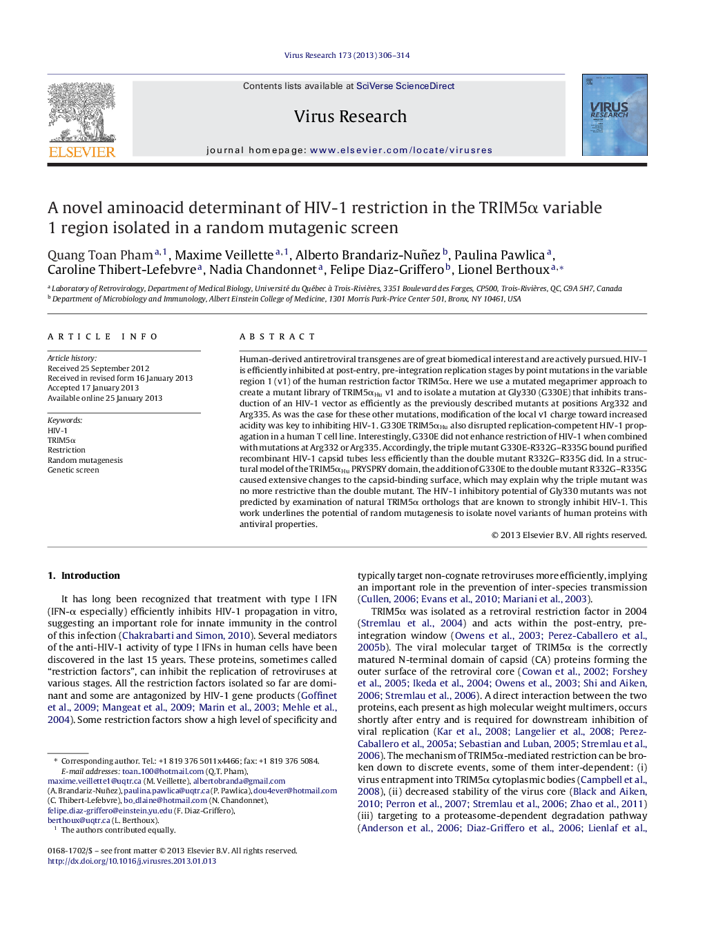 A novel aminoacid determinant of HIV-1 restriction in the TRIM5α variable 1 region isolated in a random mutagenic screen