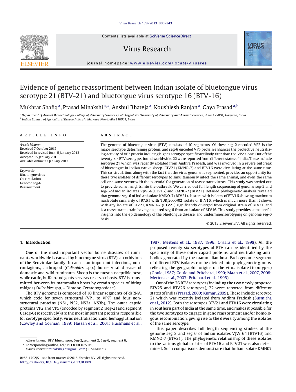 Evidence of genetic reassortment between Indian isolate of bluetongue virus serotype 21 (BTV-21) and bluetongue virus serotype 16 (BTV-16)