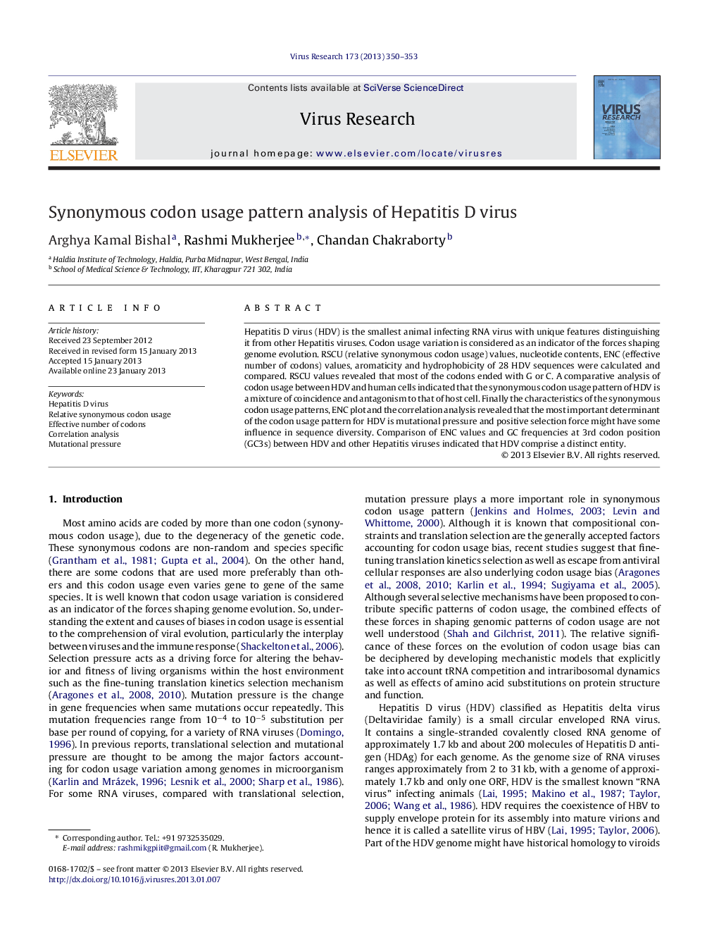 Synonymous codon usage pattern analysis of Hepatitis D virus