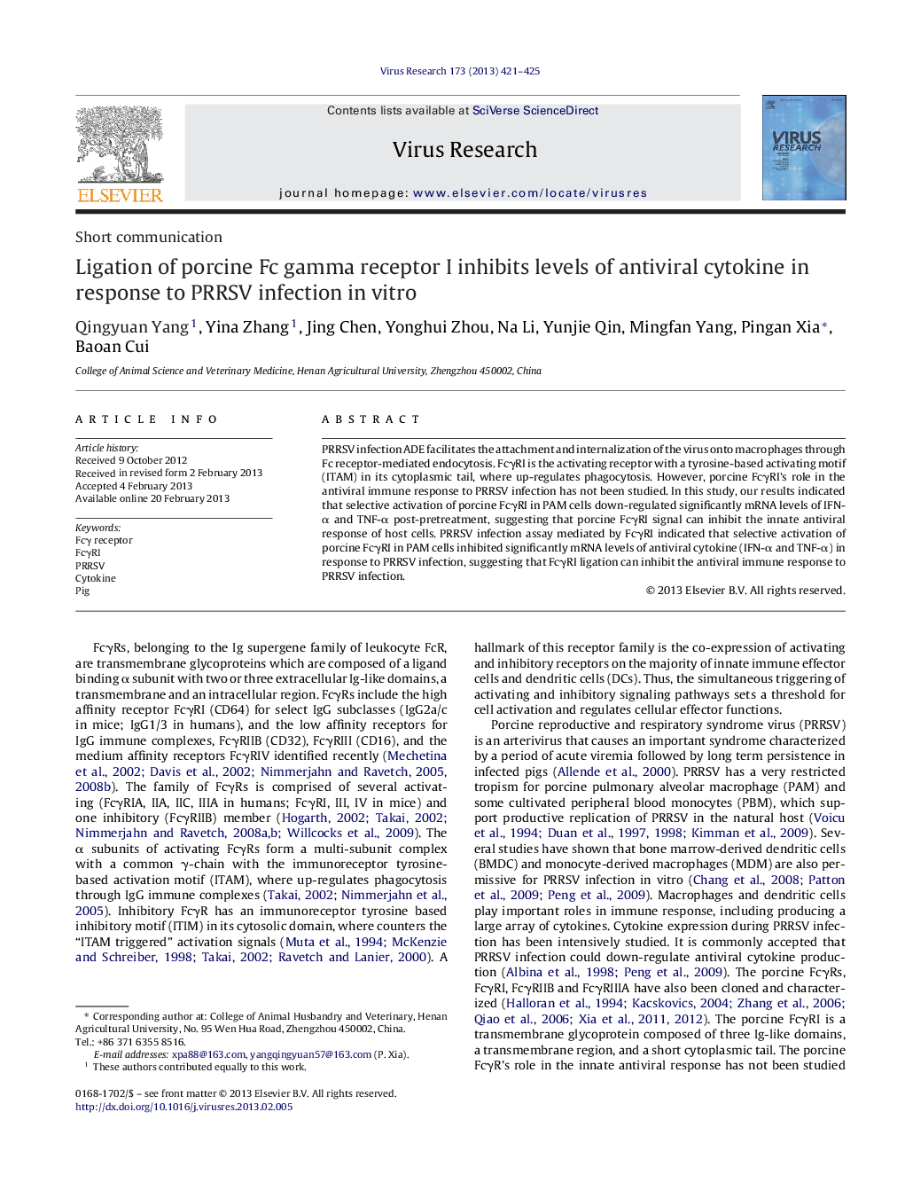 Ligation of porcine Fc gamma receptor I inhibits levels of antiviral cytokine in response to PRRSV infection in vitro