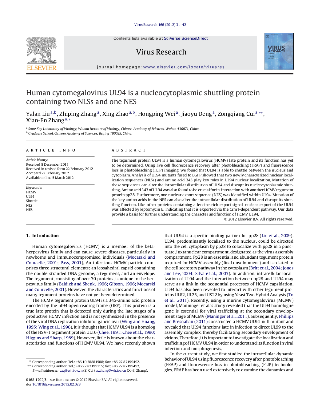 Human cytomegalovirus UL94 is a nucleocytoplasmic shuttling protein containing two NLSs and one NES