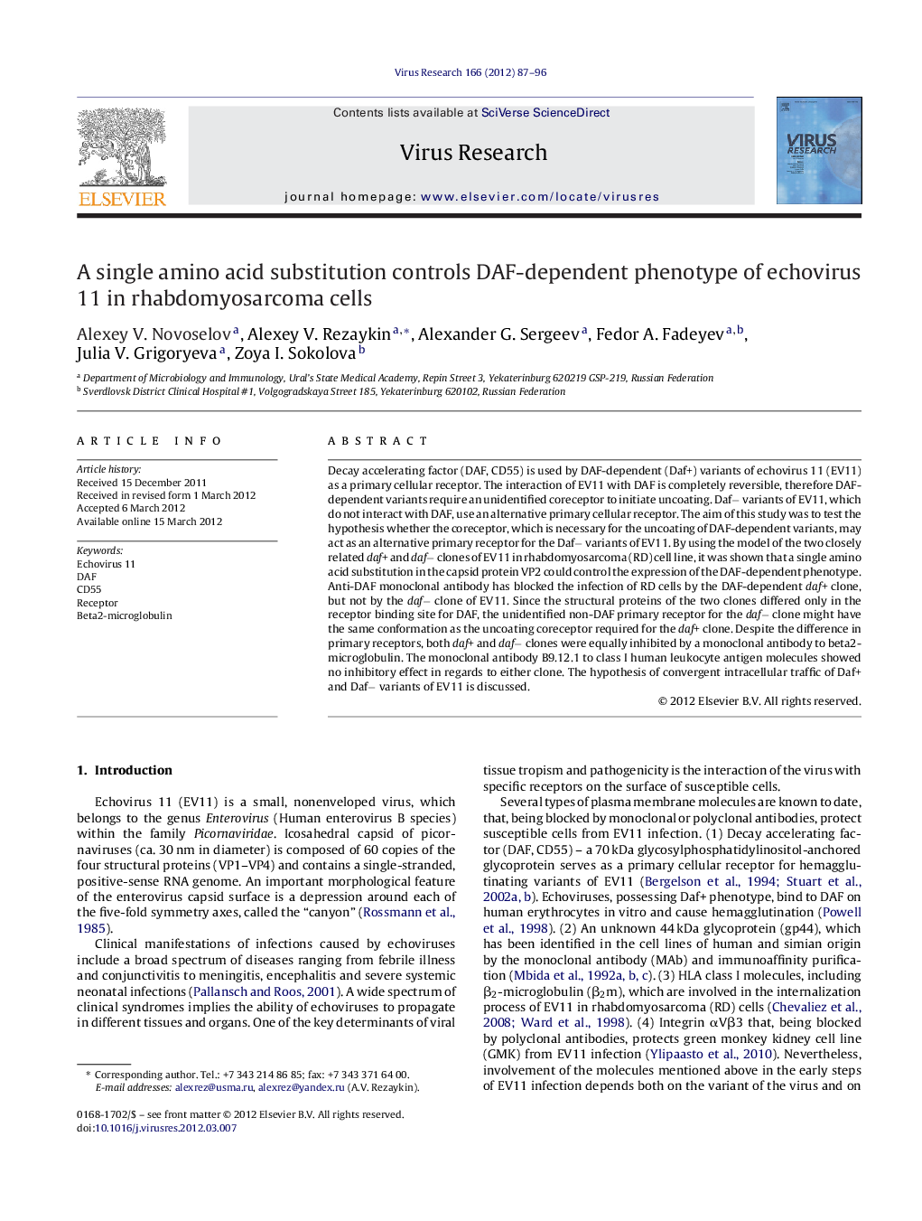 A single amino acid substitution controls DAF-dependent phenotype of echovirus 11 in rhabdomyosarcoma cells