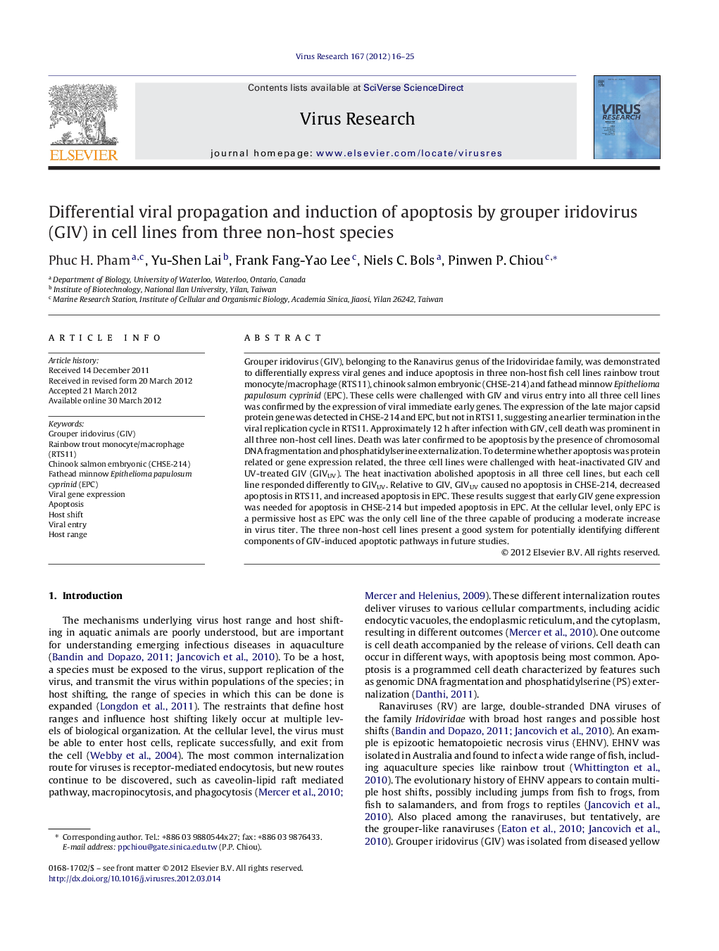 Differential viral propagation and induction of apoptosis by grouper iridovirus (GIV) in cell lines from three non-host species