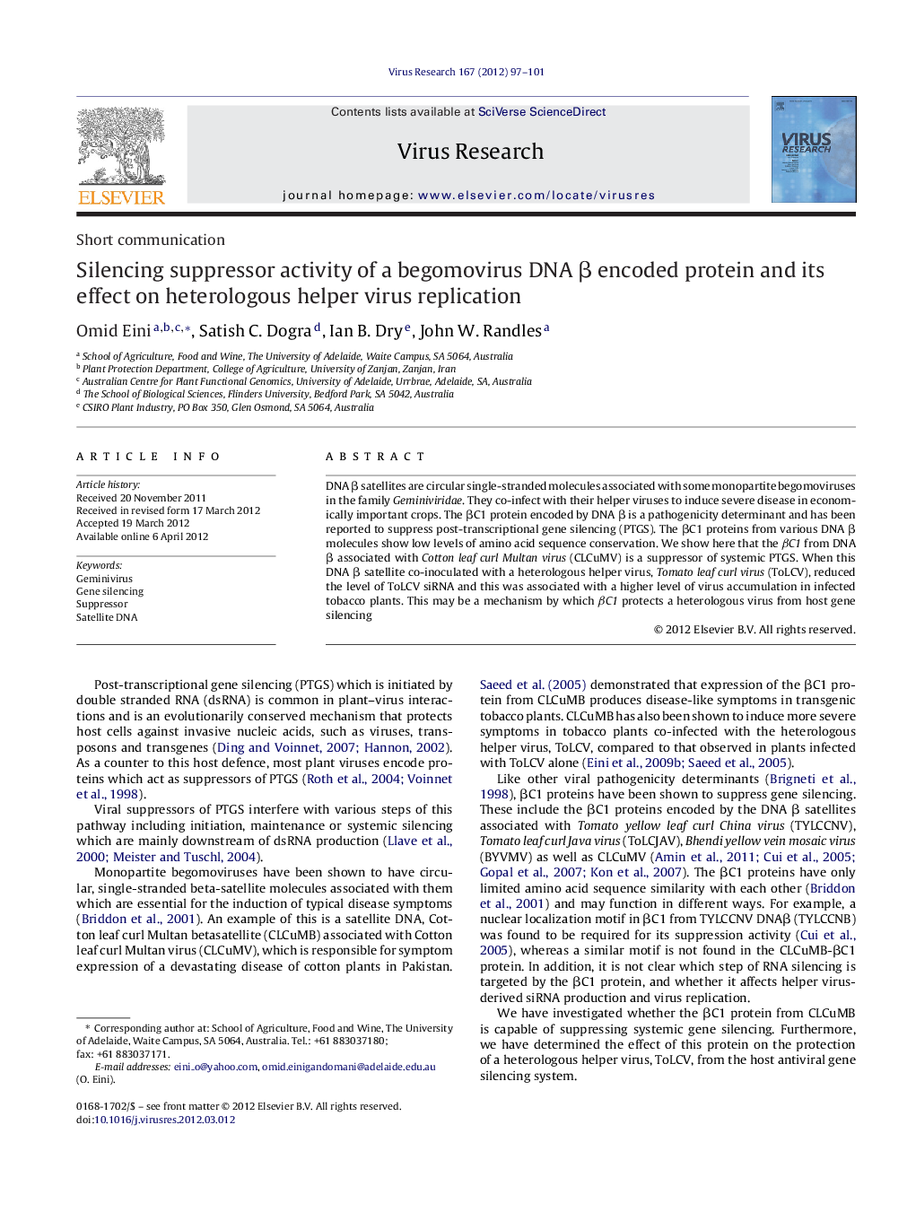 Silencing suppressor activity of a begomovirus DNA β encoded protein and its effect on heterologous helper virus replication