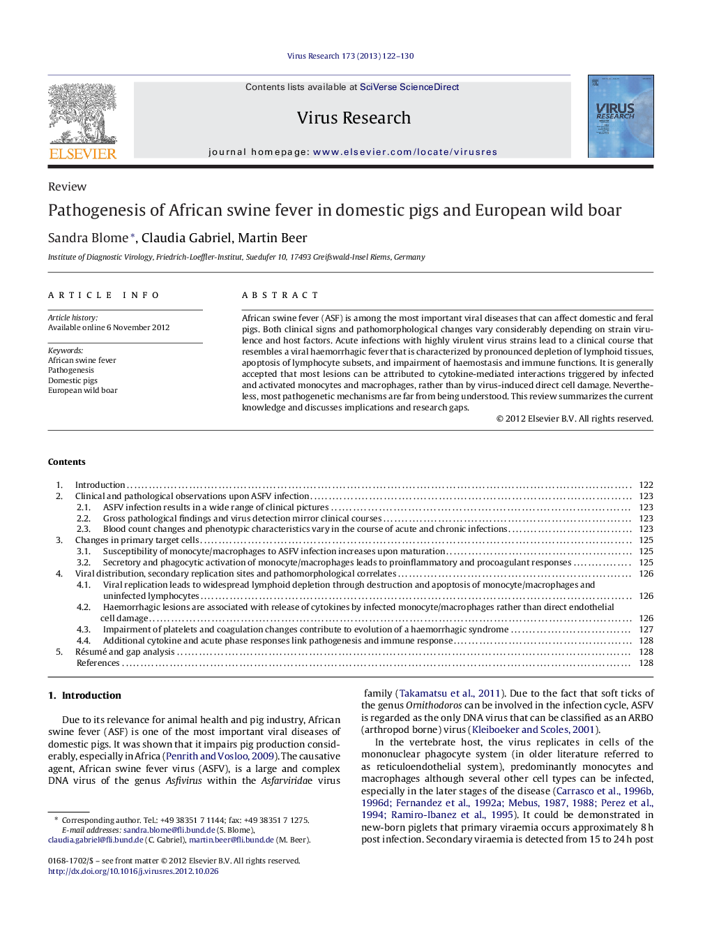 Pathogenesis of African swine fever in domestic pigs and European wild boar