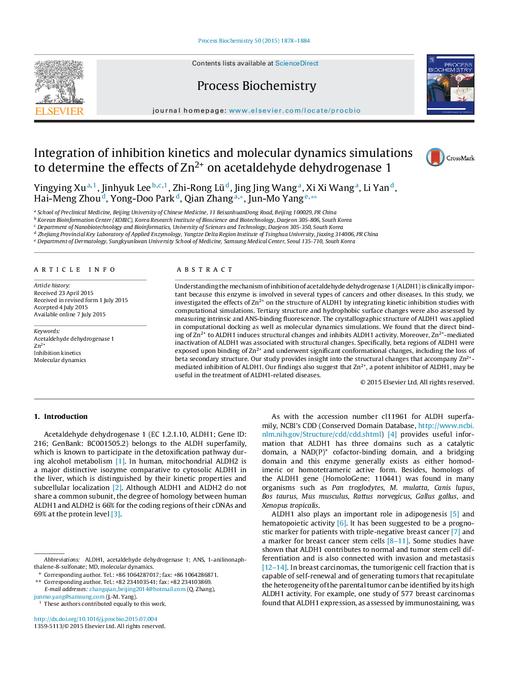 Integration of inhibition kinetics and molecular dynamics simulations to determine the effects of Zn2+ on acetaldehyde dehydrogenase 1