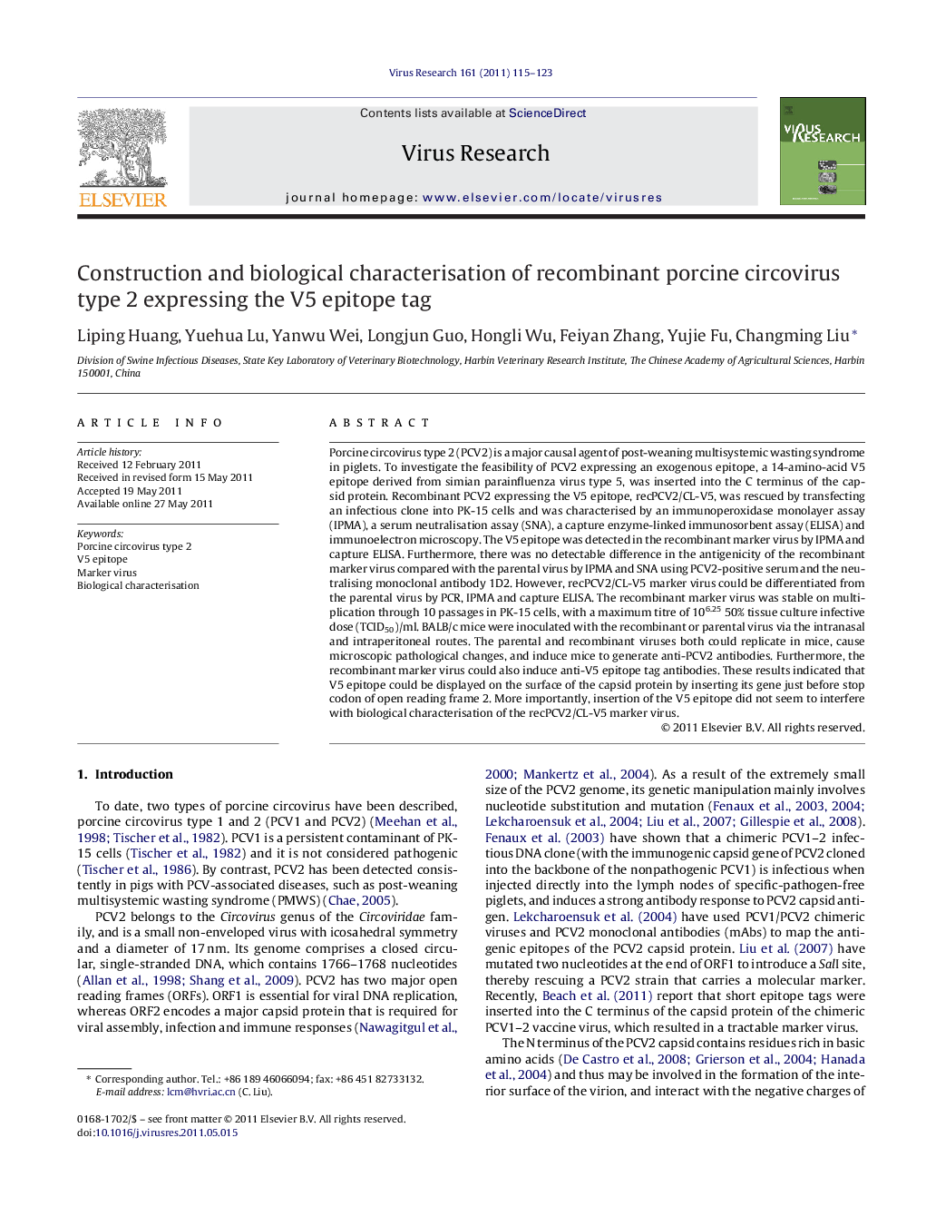 Construction and biological characterisation of recombinant porcine circovirus type 2 expressing the V5 epitope tag