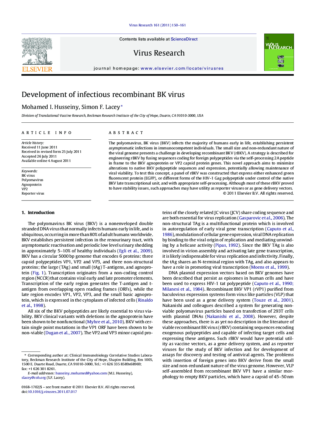 Development of infectious recombinant BK virus