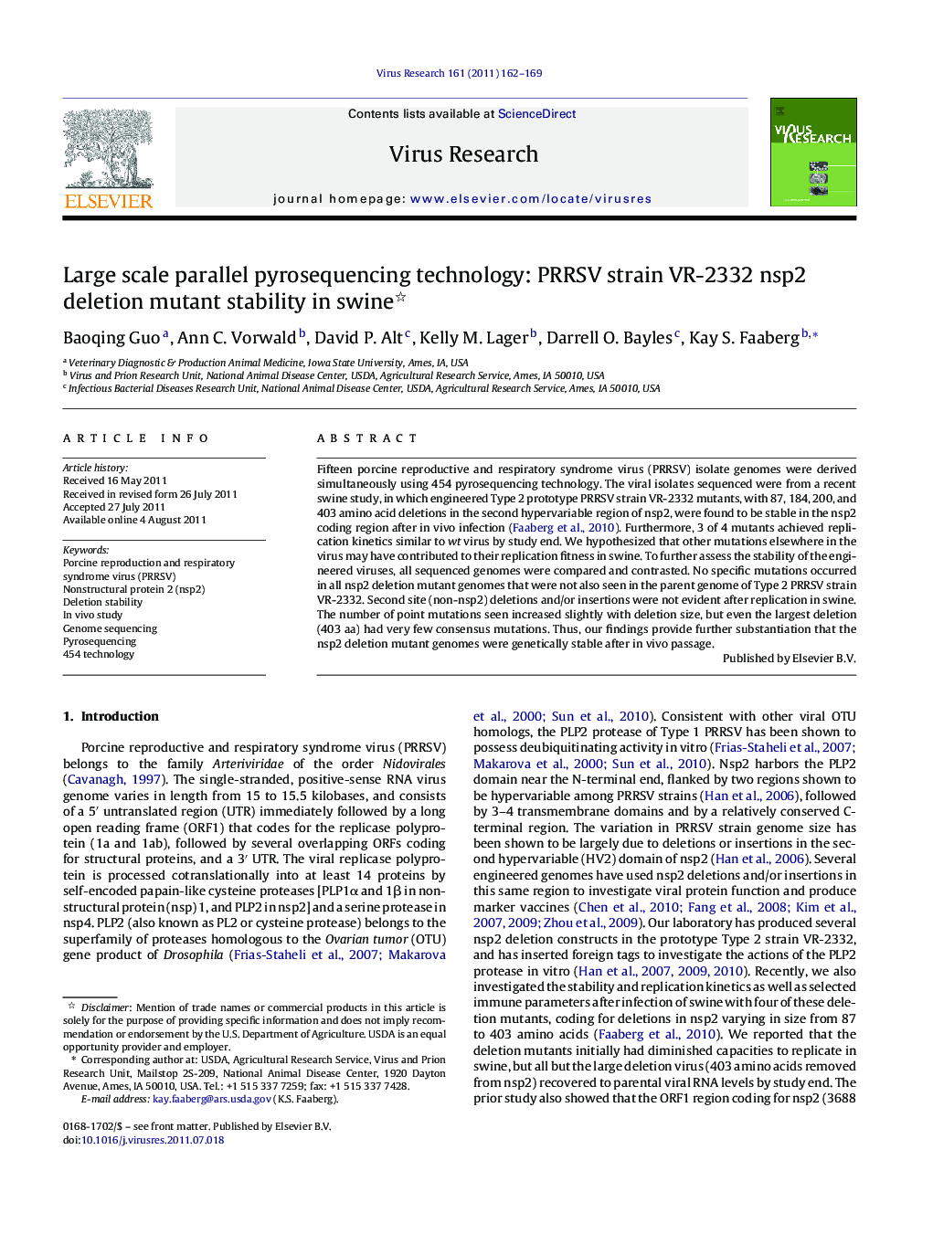 Large scale parallel pyrosequencing technology: PRRSV strain VR-2332 nsp2 deletion mutant stability in swine 