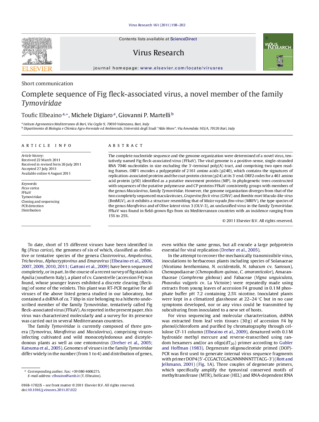 Complete sequence of Fig fleck-associated virus, a novel member of the family Tymoviridae