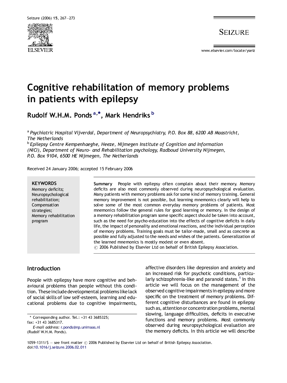 Cognitive rehabilitation of memory problems in patients with epilepsy