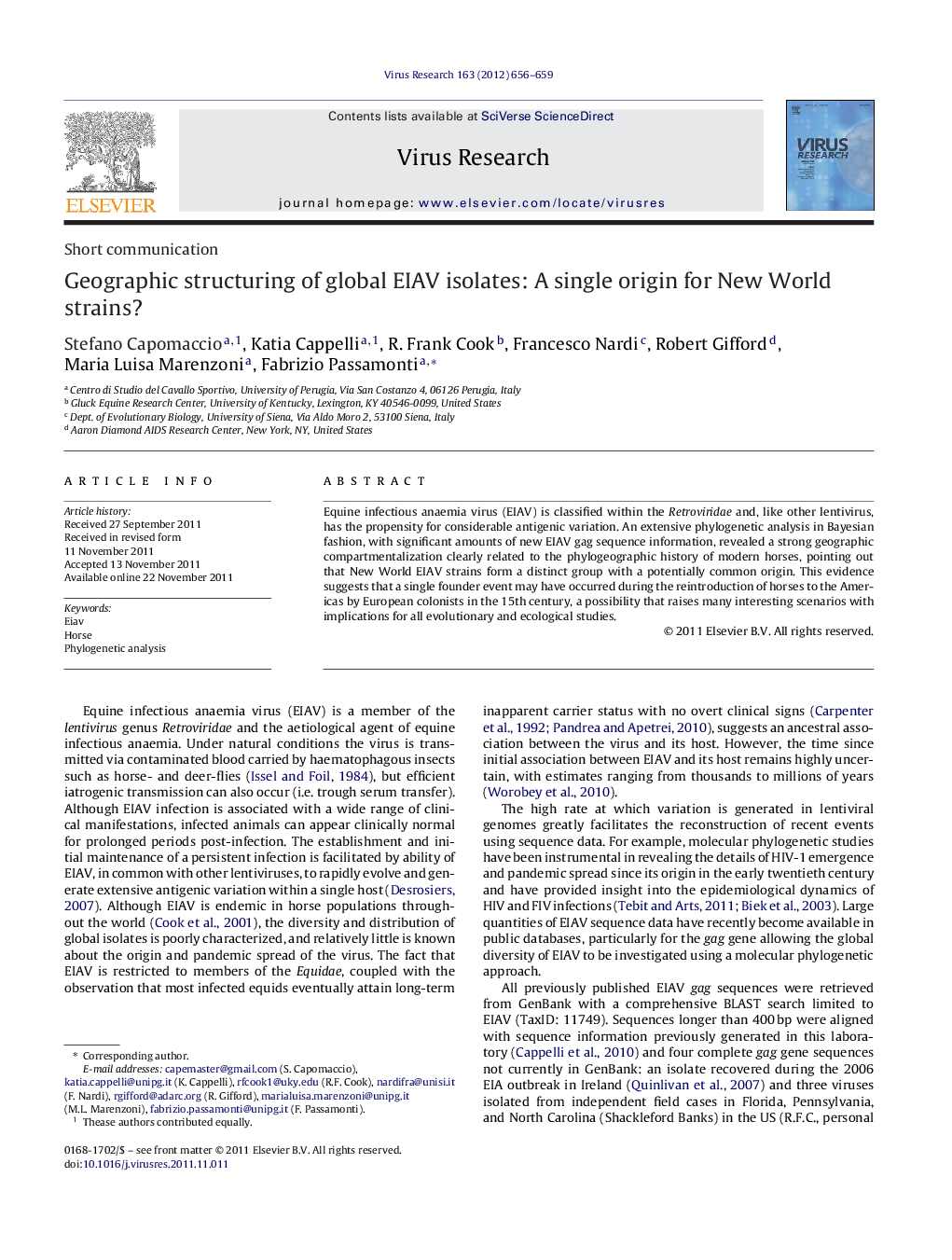 Geographic structuring of global EIAV isolates: A single origin for New World strains?