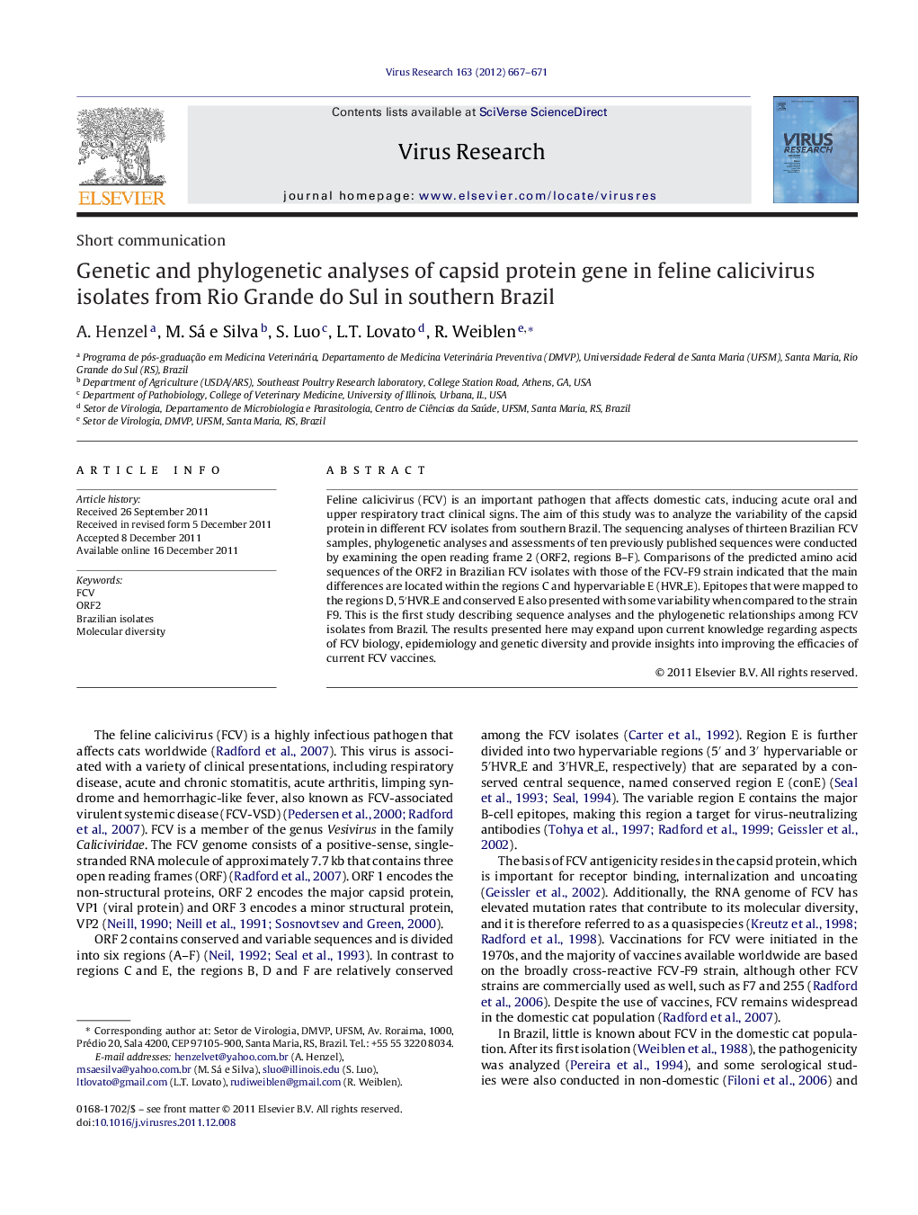 Genetic and phylogenetic analyses of capsid protein gene in feline calicivirus isolates from Rio Grande do Sul in southern Brazil