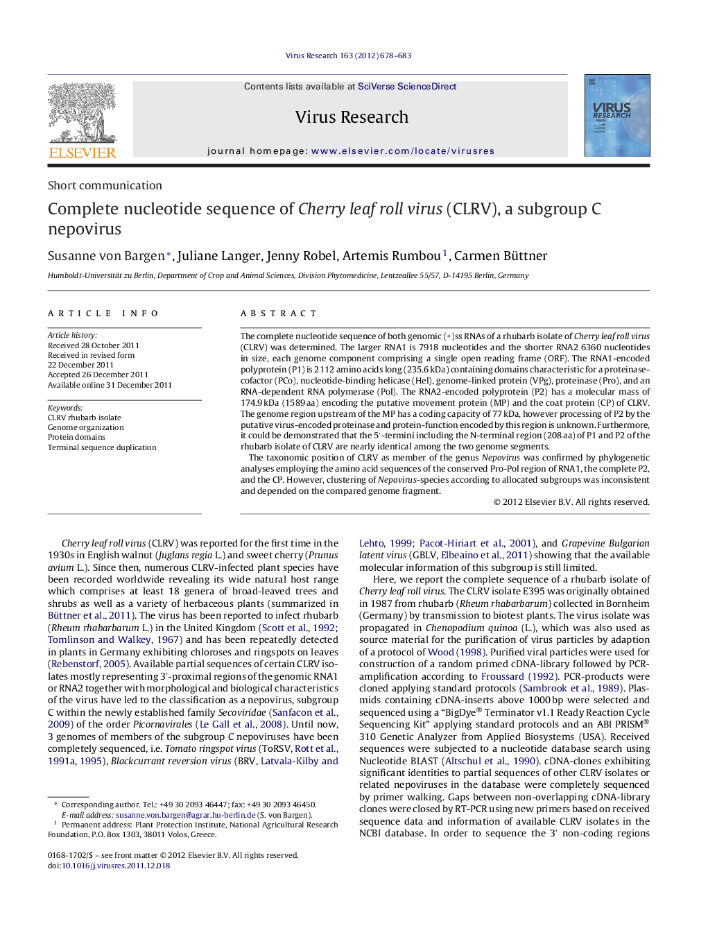 Complete nucleotide sequence of Cherry leaf roll virus (CLRV), a subgroup C nepovirus