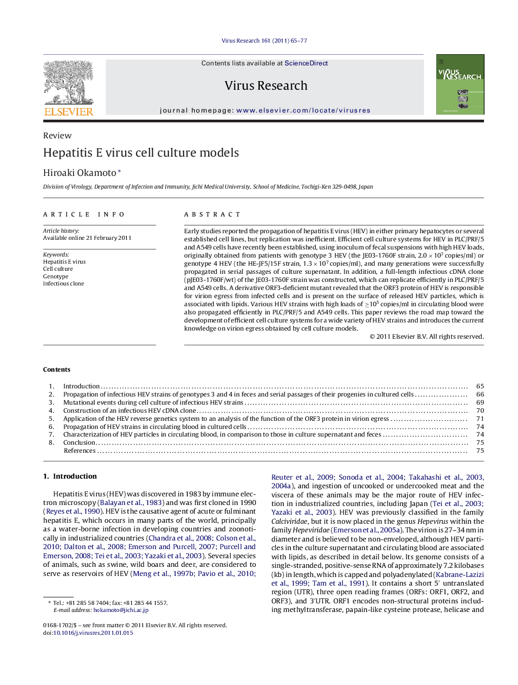 Hepatitis E virus cell culture models