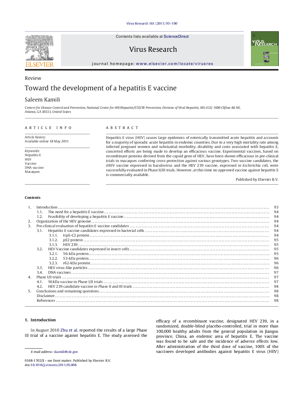 Toward the development of a hepatitis E vaccine