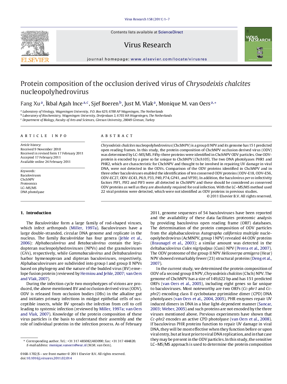 Protein composition of the occlusion derived virus of Chrysodeixis chalcites nucleopolyhedrovirus