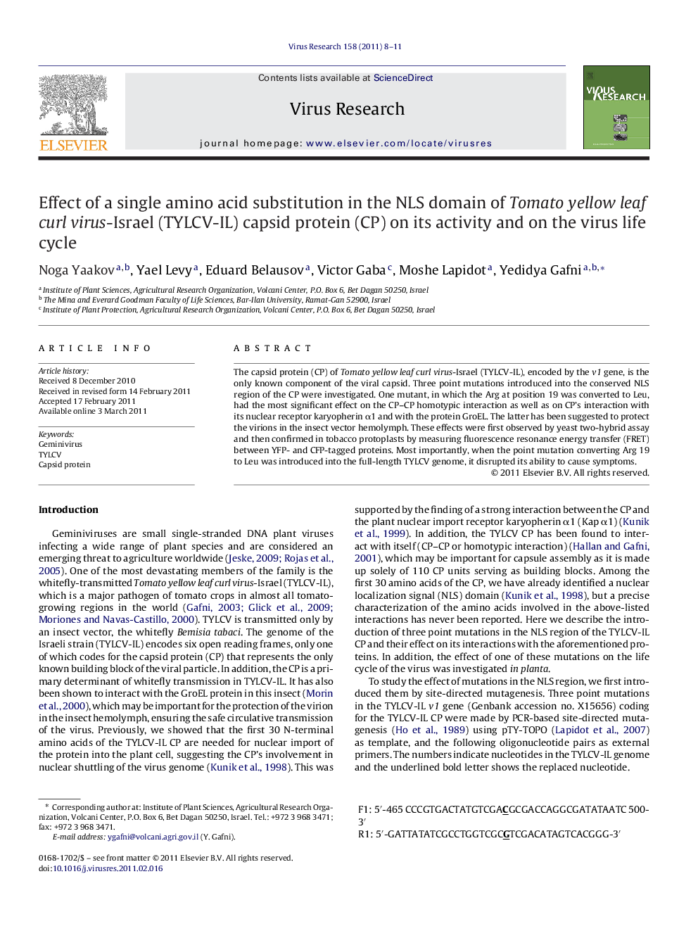 Effect of a single amino acid substitution in the NLS domain of Tomato yellow leaf curl virus-Israel (TYLCV-IL) capsid protein (CP) on its activity and on the virus life cycle