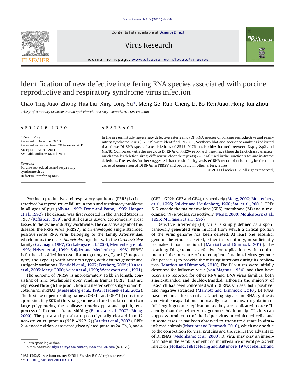 Identification of new defective interfering RNA species associated with porcine reproductive and respiratory syndrome virus infection