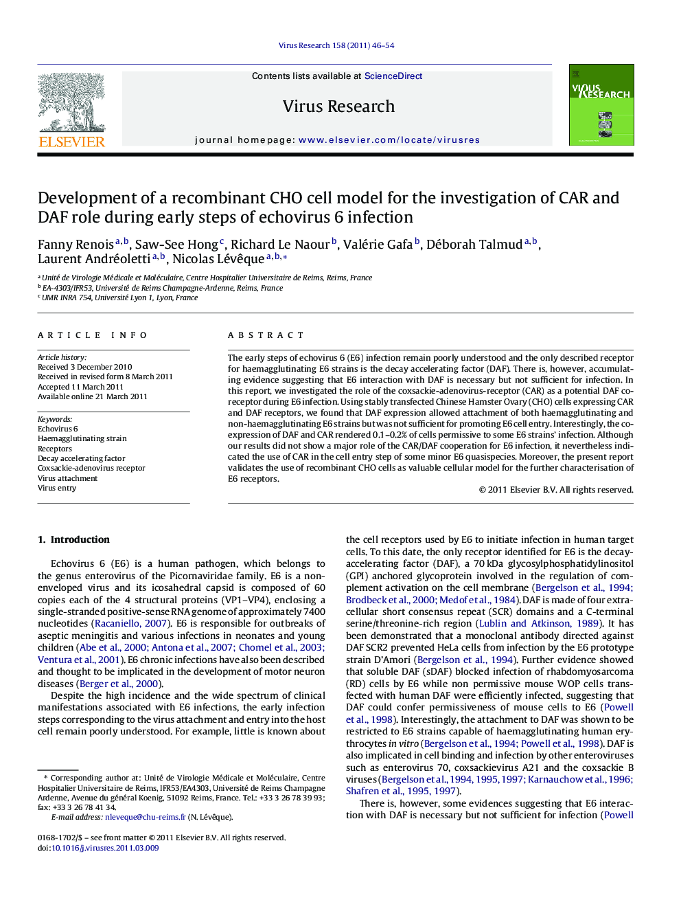 Development of a recombinant CHO cell model for the investigation of CAR and DAF role during early steps of echovirus 6 infection