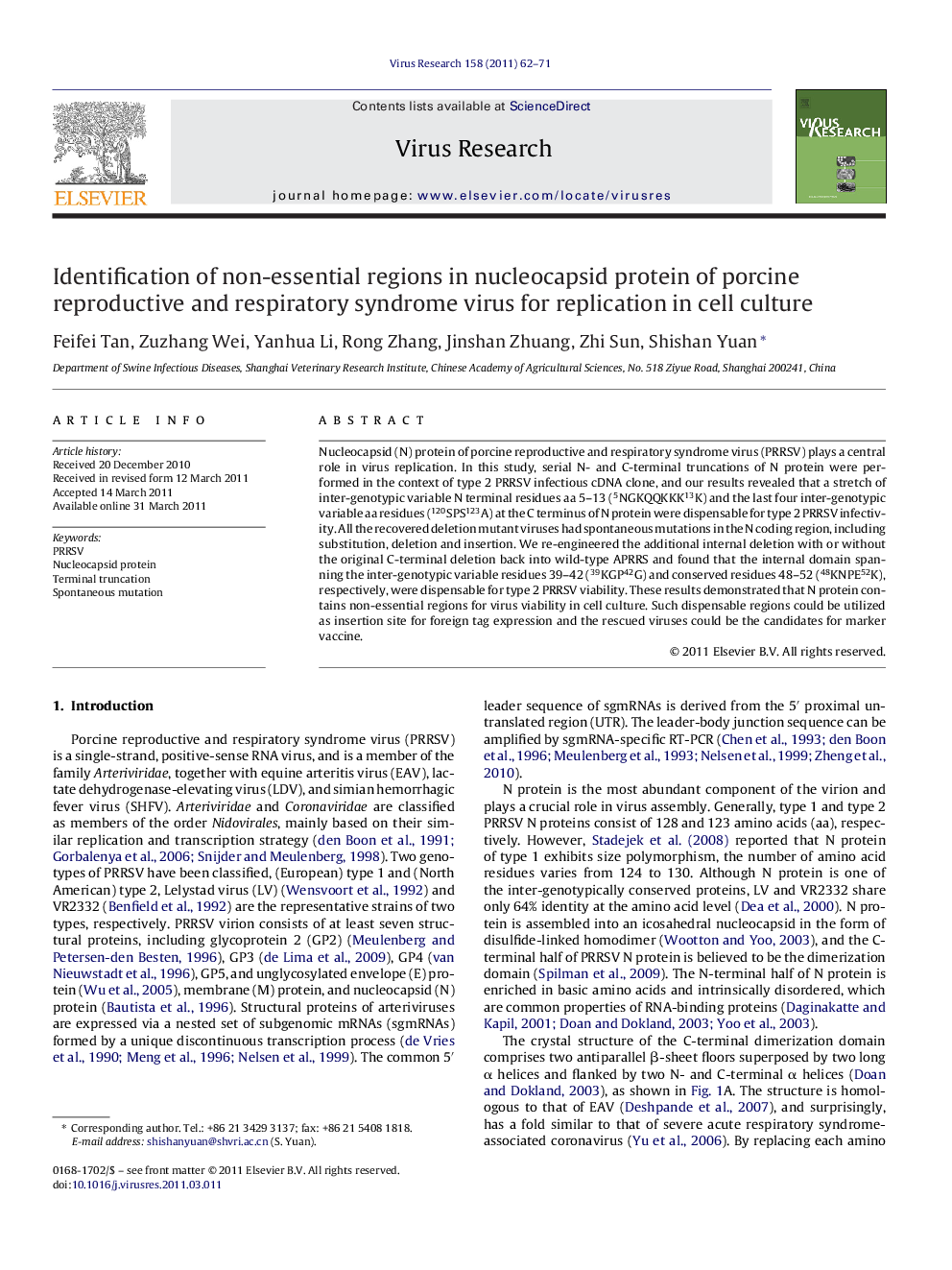 Identification of non-essential regions in nucleocapsid protein of porcine reproductive and respiratory syndrome virus for replication in cell culture