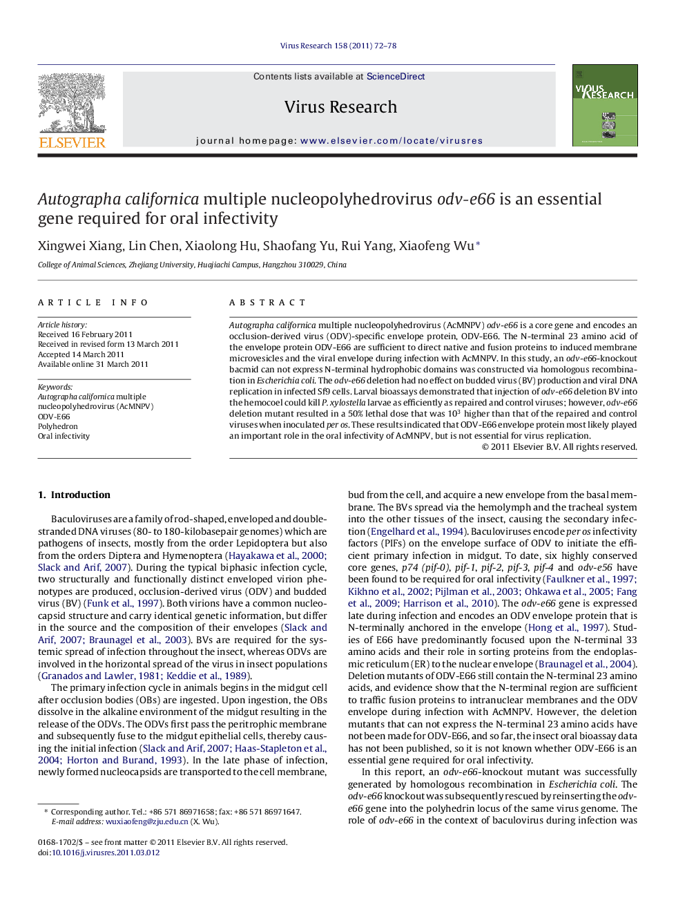 Autographa californica multiple nucleopolyhedrovirus odv-e66 is an essential gene required for oral infectivity