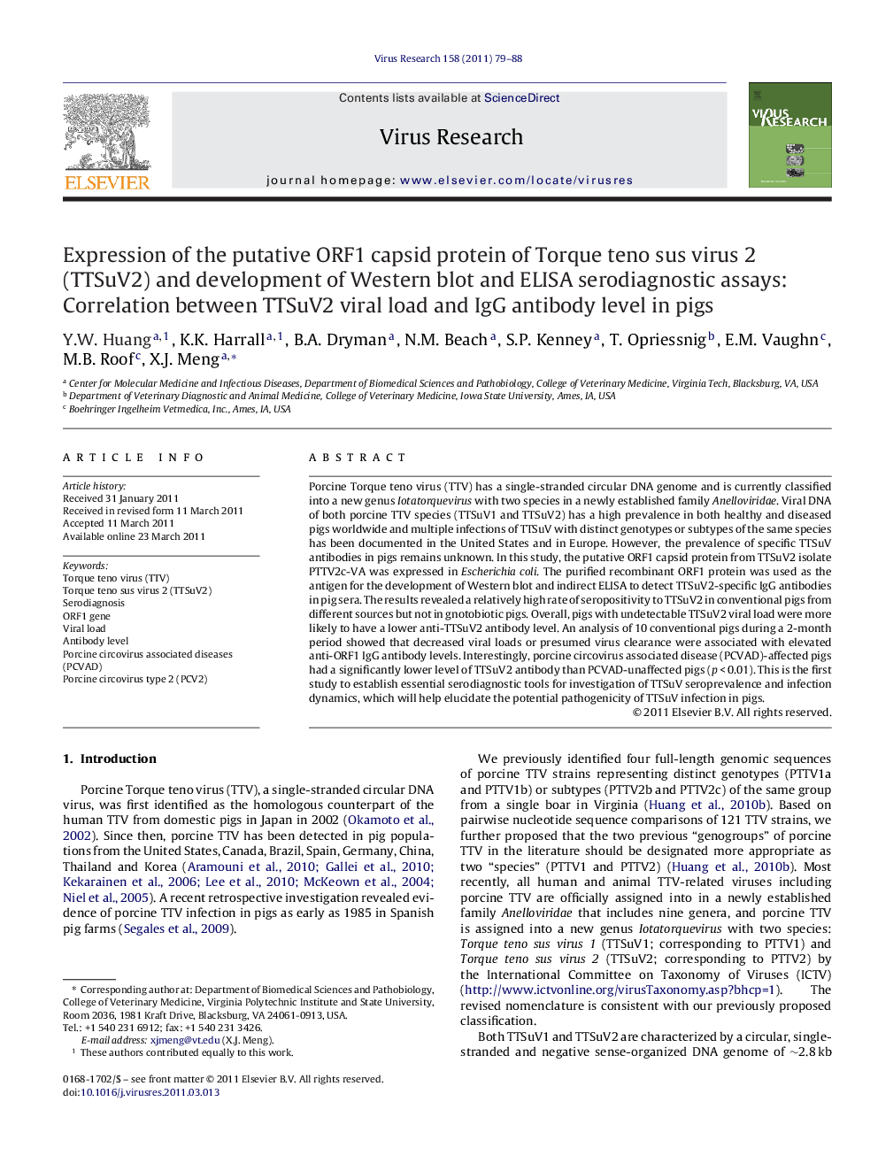 Expression of the putative ORF1 capsid protein of Torque teno sus virus 2 (TTSuV2) and development of Western blot and ELISA serodiagnostic assays: Correlation between TTSuV2 viral load and IgG antibody level in pigs