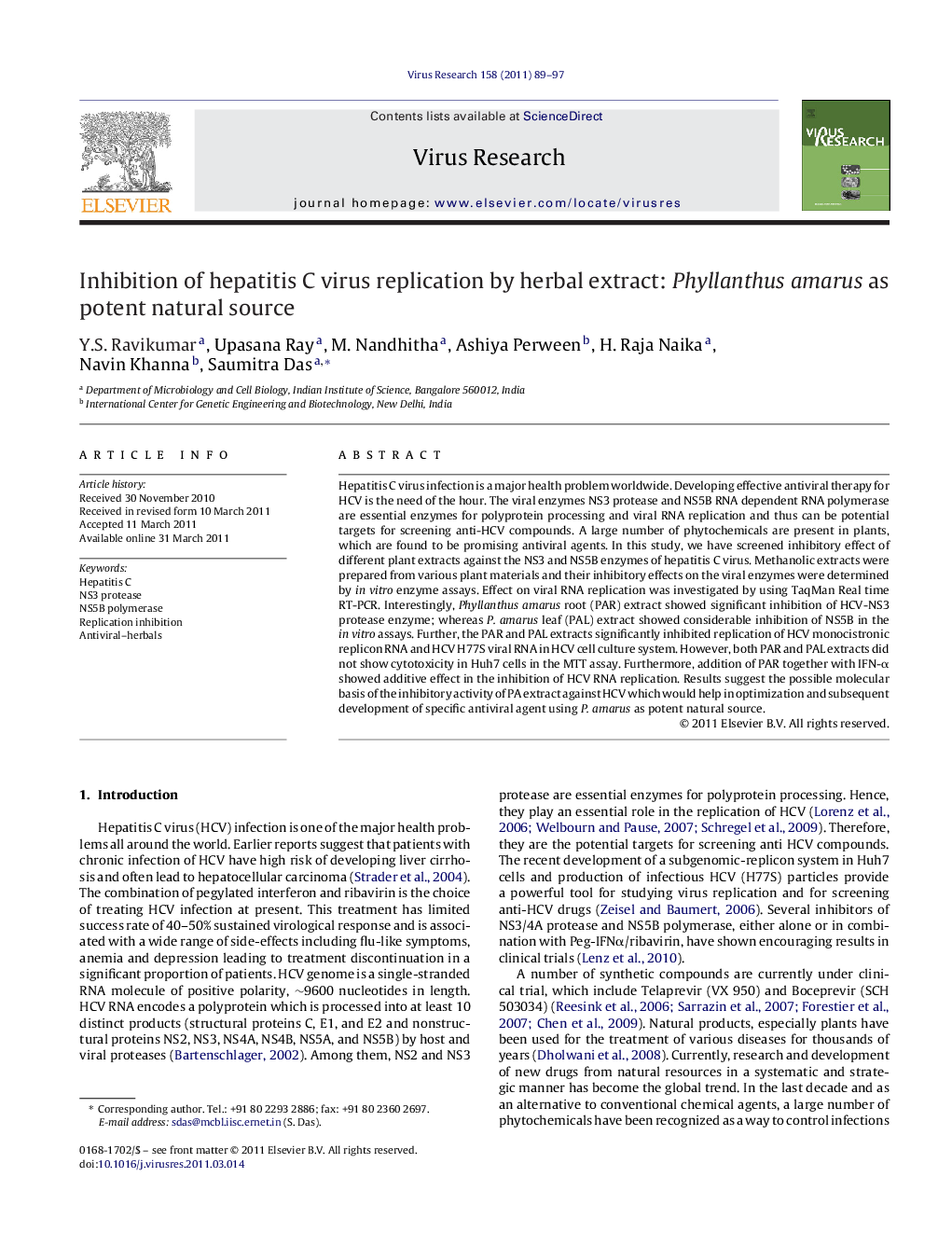 Inhibition of hepatitis C virus replication by herbal extract: Phyllanthus amarus as potent natural source