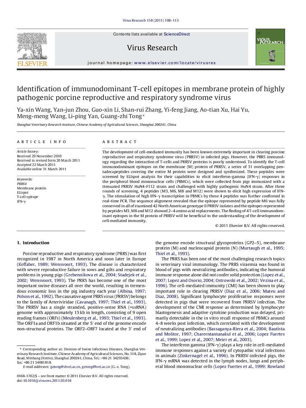 Identification of immunodominant T-cell epitopes in membrane protein of highly pathogenic porcine reproductive and respiratory syndrome virus