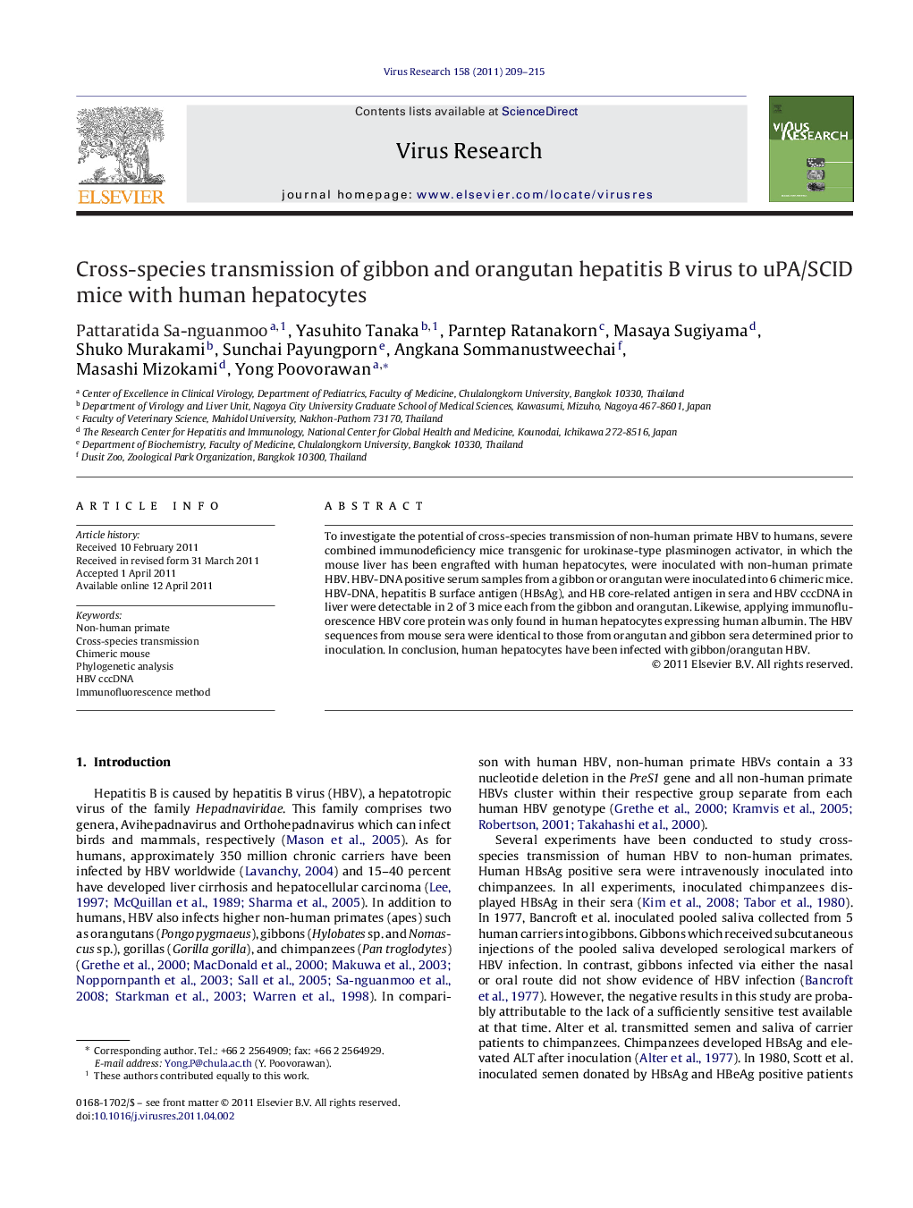 Cross-species transmission of gibbon and orangutan hepatitis B virus to uPA/SCID mice with human hepatocytes