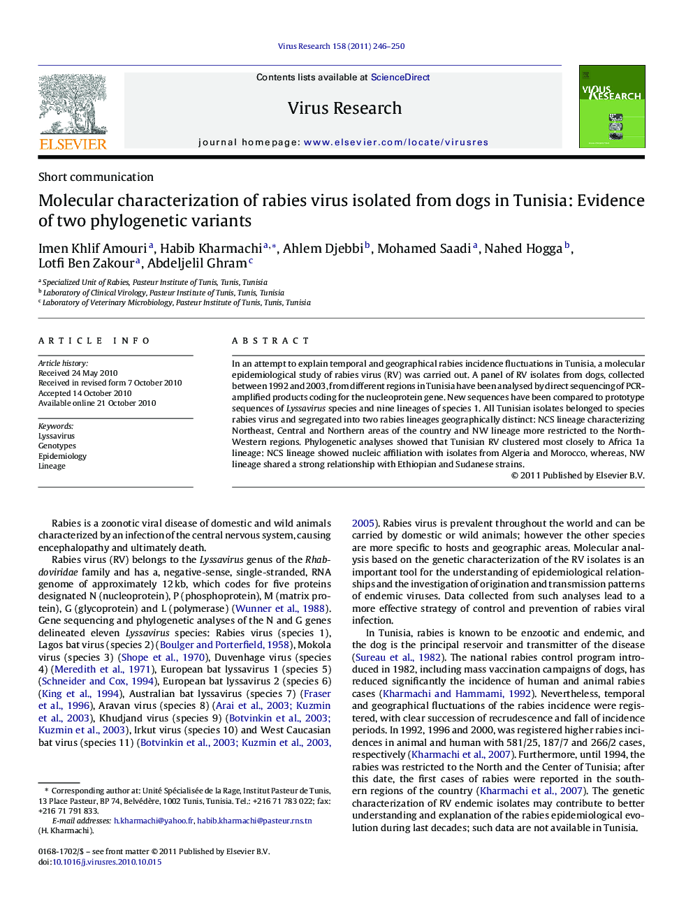 Molecular characterization of rabies virus isolated from dogs in Tunisia: Evidence of two phylogenetic variants