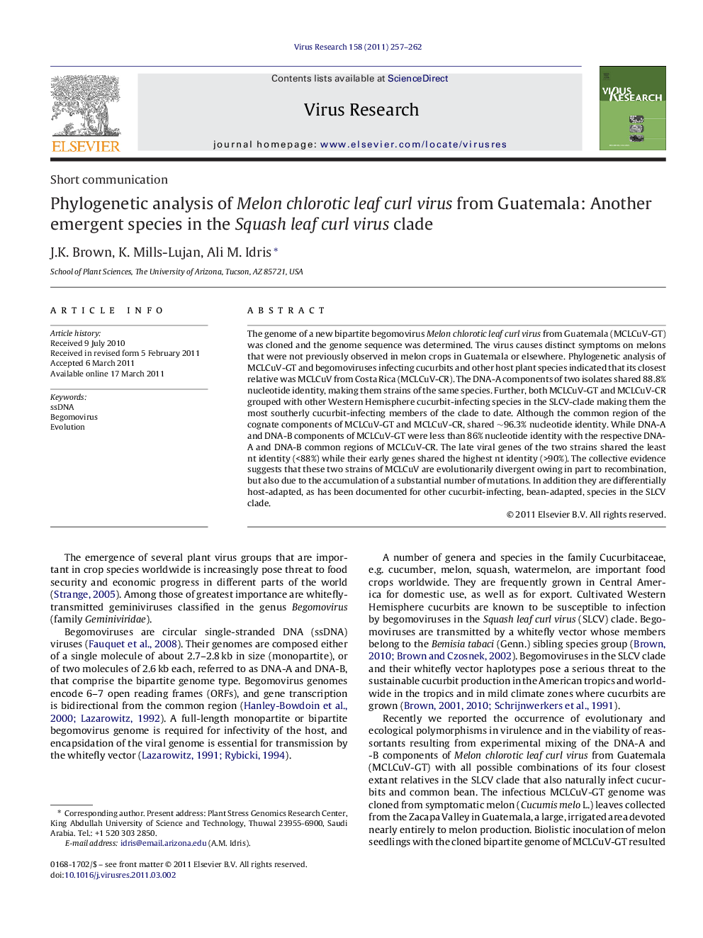 Phylogenetic analysis of Melon chlorotic leaf curl virus from Guatemala: Another emergent species in the Squash leaf curl virus clade