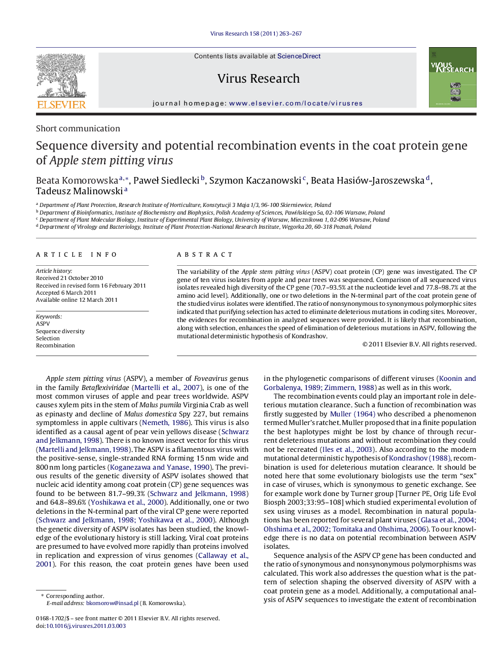 Sequence diversity and potential recombination events in the coat protein gene of Apple stem pitting virus