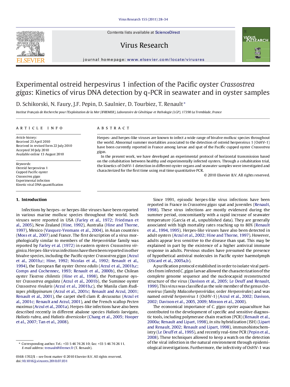 Experimental ostreid herpesvirus 1 infection of the Pacific oyster Crassostrea gigas: Kinetics of virus DNA detection by q-PCR in seawater and in oyster samples