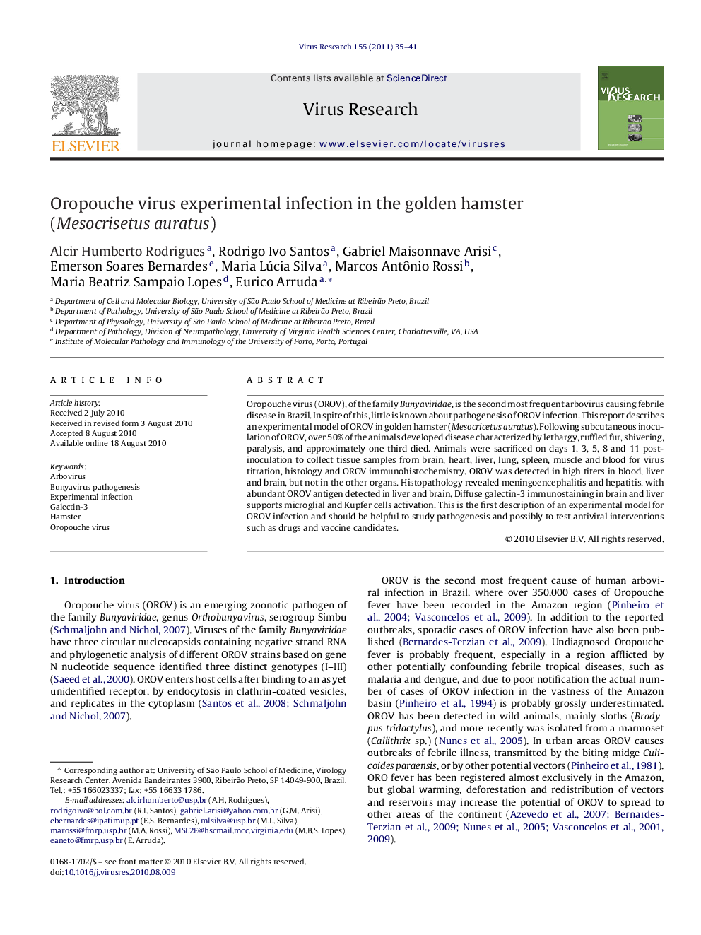 Oropouche virus experimental infection in the golden hamster (Mesocrisetus auratus)