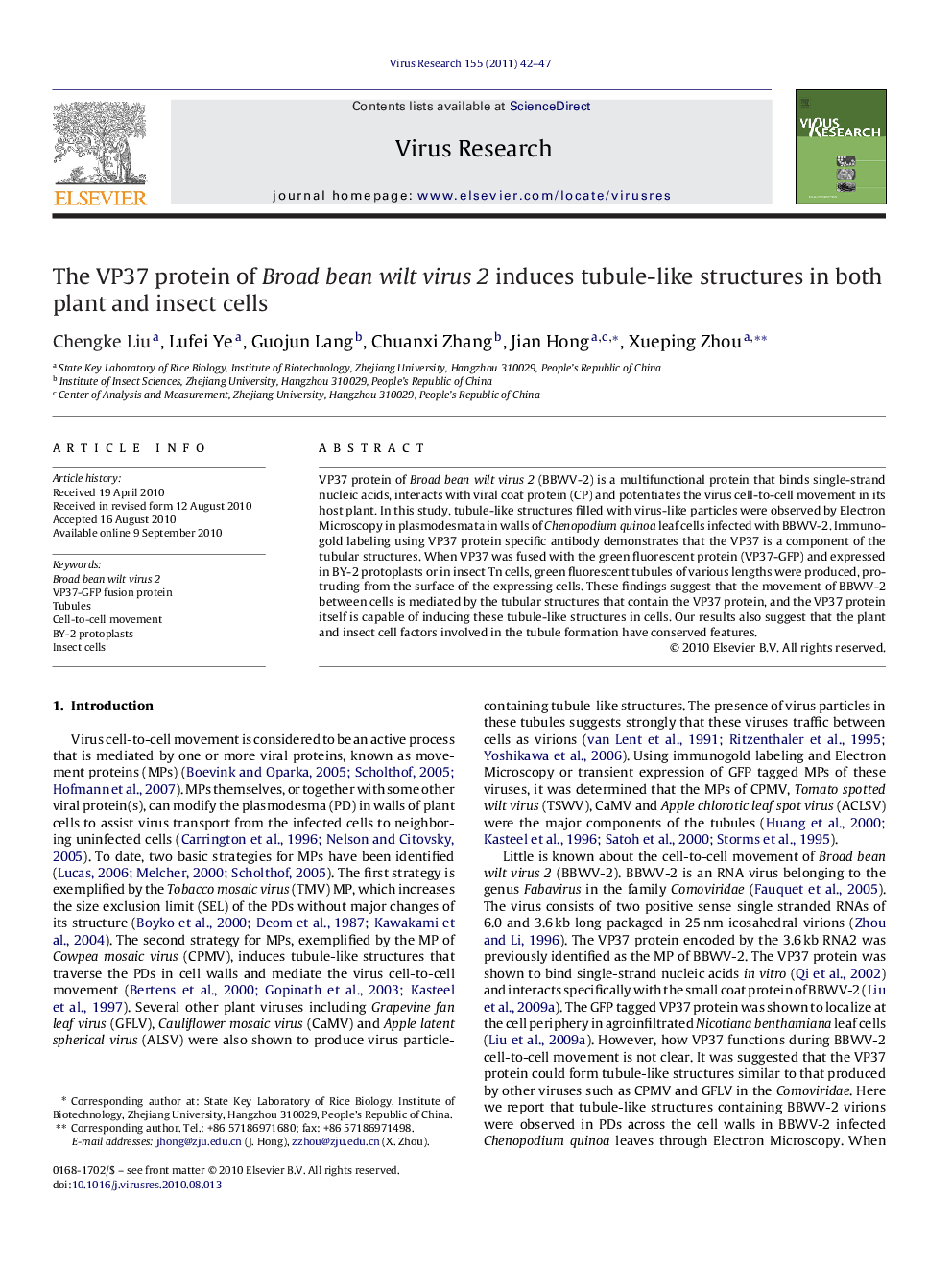 The VP37 protein of Broad bean wilt virus 2 induces tubule-like structures in both plant and insect cells