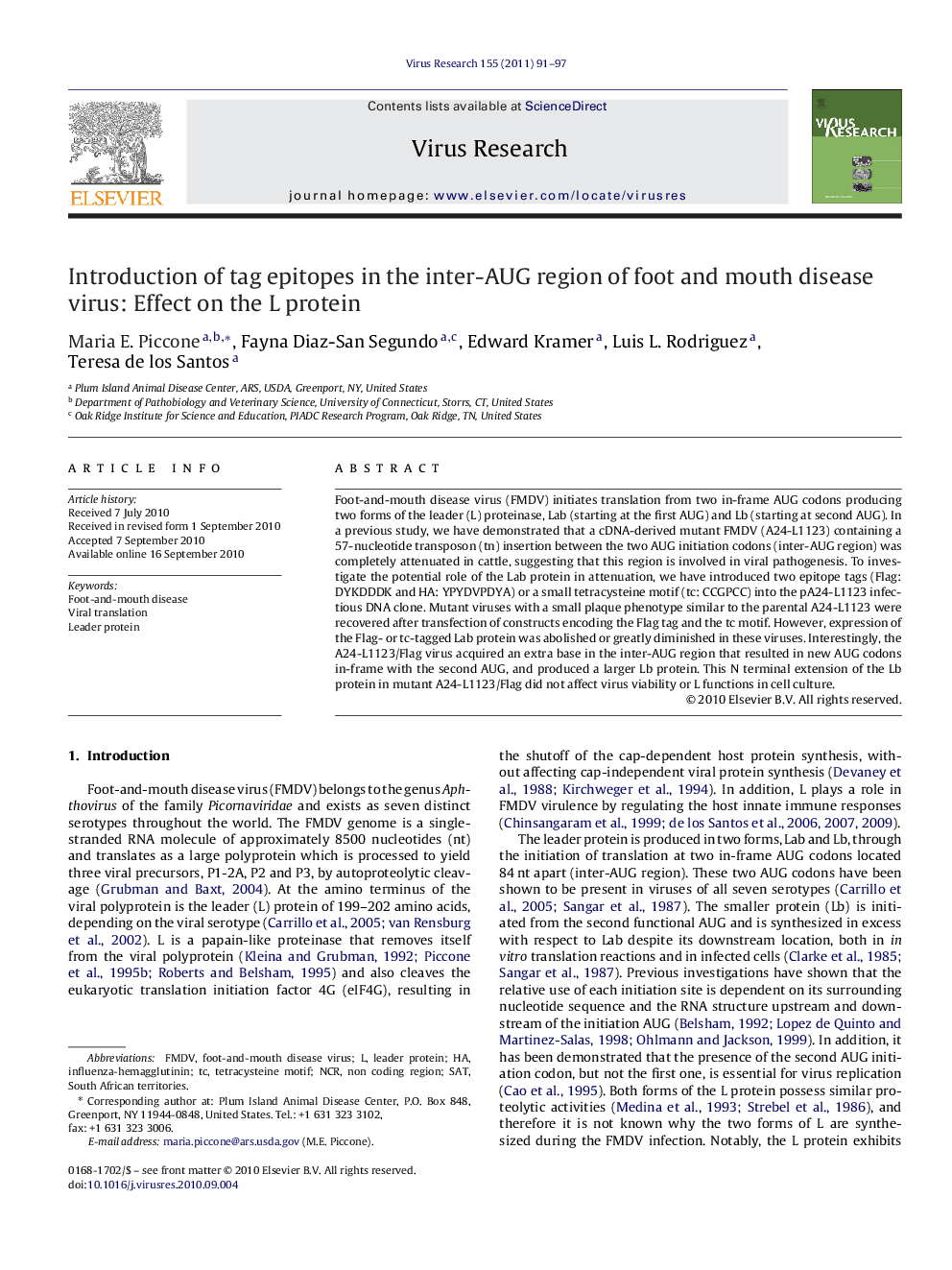 Introduction of tag epitopes in the inter-AUG region of foot and mouth disease virus: Effect on the L protein